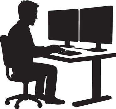 Software Developer Silhouette Typing on Dual Monitors at Desk for Coding and Modern Office Job art vector