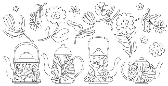 Coloring page, set of cute teapots with patterns and abstract flowers. Linear illustration. vector