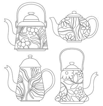 Coloring page, set of cute teapot with patterns. Line illustration. vector