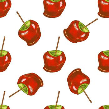 Hand drawn seamless pattern of glossy red caramel coated apple with wooden stick in retro style vector
