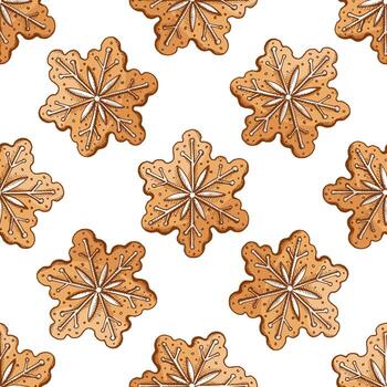 mano dibujado sin costura modelo de pan de jengibre galletas copos de nieve con Formación de hielo decoración en rústico festivo estilo vector