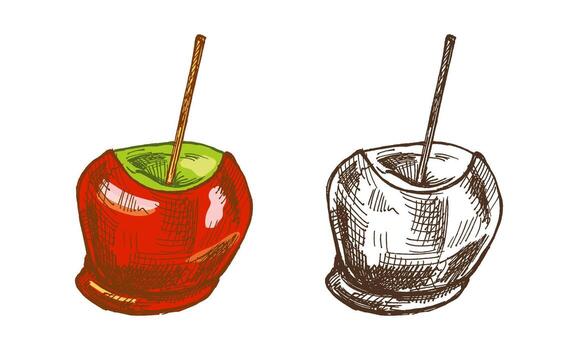 Hand drawn vintage sketch of caramel apple on wooden stick with glossy glaze in color and monochrome version vector