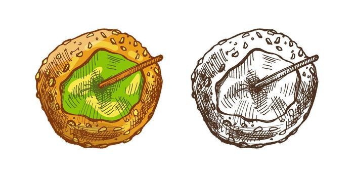 Hand drawn vintage sketch of caramel apple with sesame coating and wooden stick in color and monochrome version vector