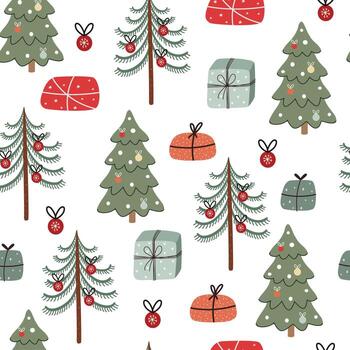 Pattern seamless pattern with stylized christmas trees and gifts on a white background. Hand-drawn in a flat style. vector