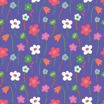 Pattern seamless with delicate multicolored flowers in flat style on a lilac background vector