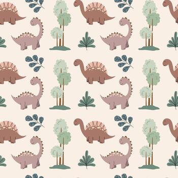 Seamless pattern featuring dinosaurs, trees, bushes, and leaves in earthy colors on a soft beige background vector