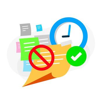 illustration of productivity and task efficiency with sticky notes crossed out, clock, and check mark symbolizing time management, completed tasks, and workflow organization vector