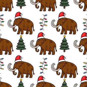 sin costura Navidad modelo presentando lanoso mamuts en Papa Noel sombreros, festivo Navidad árboles, y vistoso cuerda luces, creando un juguetón y único fiesta diseño. vector