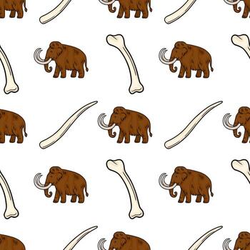 Seamless pattern featuring woolly mammoths and their fossilized bones, a charming illustration in brown and off white, perfect for textile design or prehistoric themed projects. vector