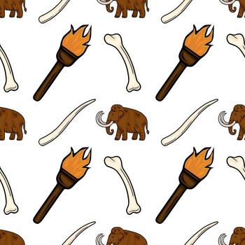 sin costura modelo presentando mano dibujado ilustraciones de lanoso mamuts, antiguo antorchas, y mamut colmillos y huesos, creando un prehistórico temática diseño. vector