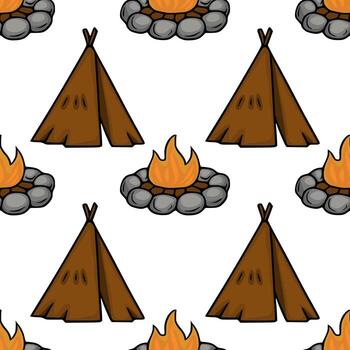 Seamless pattern featuring hand drawn teepees and campfires encircled by grey stones, creating a playful yet rustic camping scene perfect for textile prints or outdoor themed designs. vector