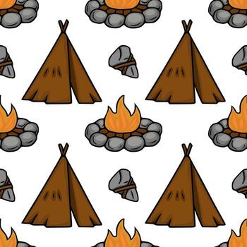 Seamless pattern featuring hand drawn illustrations of teepees, campfires encircled by stones, and primitive stone tools, creating a whimsical camping scene. vector