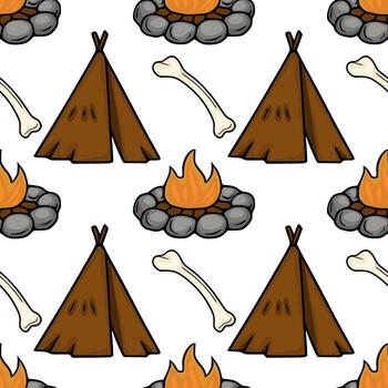 Seamless pattern featuring hand drawn illustrations of primitive teepees, campfires encircled by stones, and animal bones, creating a prehistoric camping scene. vector