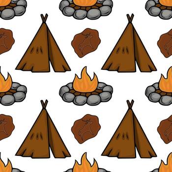 Seamless pattern featuring hand drawn teepees, campfires with stone rings, and petroglyph style rock carvings, creating a primitive camping scene. vector