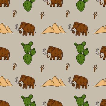 Seamless pattern featuring woolly mammoths, cacti, sand dunes, and dead trees, creating a prehistoric desert vector