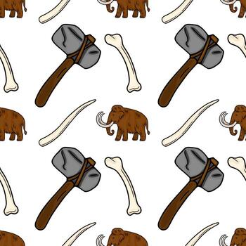 sin costura modelo presentando mano dibujado ilustraciones de lanoso mamuts, Roca hachas, y mamut huesos, creando un prehistórico temática diseño. vector