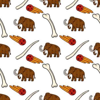sin costura modelo presentando lanoso mamuts, fosilizado huesos, y un cometa, ilustrando un prehistórico extinción evento en un mano dibujado dibujos animados estilo. vector