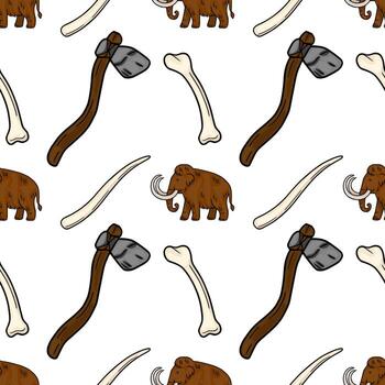 sin costura modelo presentando mano dibujado ilustraciones de lanoso mamuts, Roca años hachas, y mamut huesos, creando un prehistórico temática diseño. vector