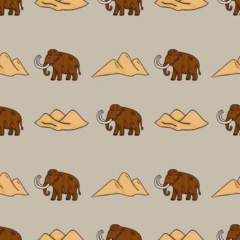 sin costura modelo presentando mano dibujado mamuts y estilizado arena dunas en un repitiendo diseño, exhibiendo un único mezcla de prehistórico animales y paisaje elementos. vector
