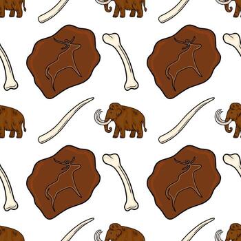 Seamless pattern featuring woolly mammoths, prehistoric cave paintings on rocks, and mammoth tusks and bones, creating a captivating prehistoric scene. vector