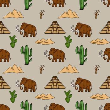 sin costura modelo presentando prehistórico mamuts, cactus, Desierto dunas, y antiguo maya pirámides, creando un único mezcla de extinto fauna y antiguo arquitectura. vector