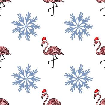 Seamless pattern featuring pink flamingos in Santa hats and stylized snowflakes on a white background, creating a unique tropical Christmas design. vector