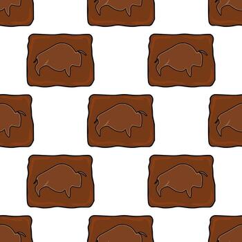 Seamless pattern featuring stylized brown bison cave paintings on rectangular brown plaques, creating a prehistoric themed repeating design. vector