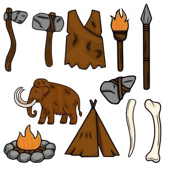 A vibrant illustration showcasing a collection of Stone Age objects, including tools, clothing, a mammoth, a fire, and a dwelling, rendered in a cartoon style with brown and grey color palette. vector