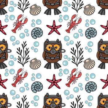 Seamless pattern featuring a scuba diving owl, marine life, and underwater elements, creating a whimsical and playful underwater scene. vector