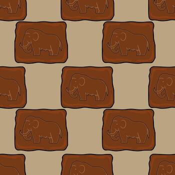 Seamless pattern featuring stylized mammoth illustrations on brown stone like tiles, creating a prehistoric themed design perfect for textile prints or backgrounds. vector