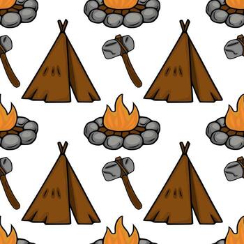 Seamless pattern featuring hand drawn illustrations of teepees, stone axes, and campfires, creating a primitive camping scene with warm, earthy tones. vector
