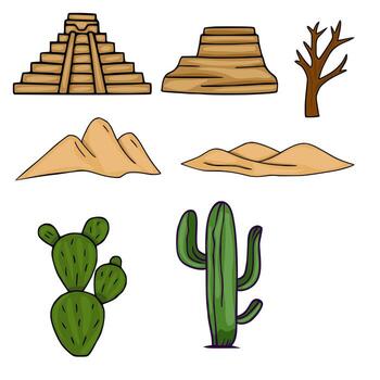 A whimsical illustration featuring a collection of desert elements Mayan pyramids, sand dunes, cacti, and a barren tree, rendered in a hand drawn style with earthy tones. vector