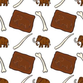 Seamless pattern featuring woolly mammoths, cave paintings, and fossilized bones, creating a prehistoric themed design with brown and beige tones. vector