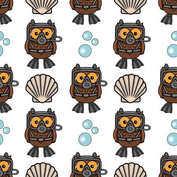 Seamless pattern featuring adorable cartoon owls scuba diving, complete with diving gear, alongside seashells and bubbles, creating a playful underwater scene. vector
