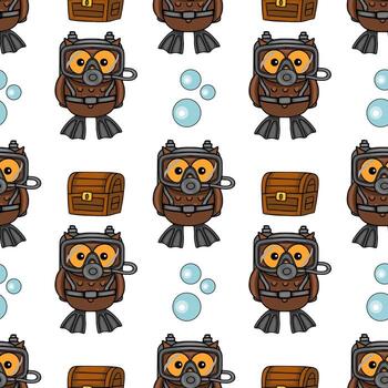 Seamless pattern featuring adorable scuba diving owls and treasure chests, creating a playful underwater adventure scene with light blue bubbles on a white background. vector