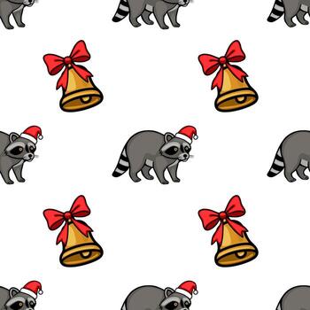 Seamless pattern featuring adorable raccoons in Santa hats and golden bells with red bows, creating a playful Christmas design perfect for festive backgrounds and prints. vector