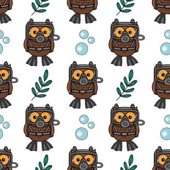 Seamless pattern featuring adorable cartoon owls dressed in scuba gear, complemented by playful bubbles and teal foliage, creating a whimsical underwater scene. vector