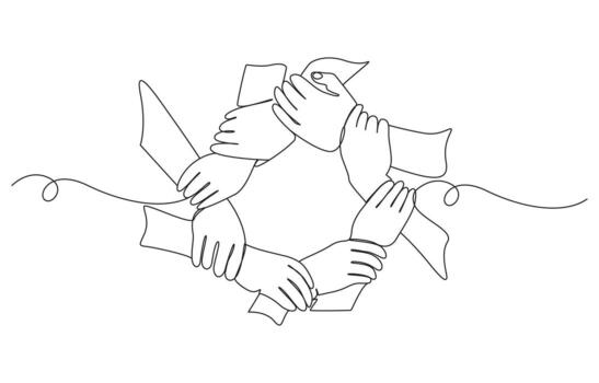 Teamwork and Unity Continuous Line Drawing of Interlocking Hands vector