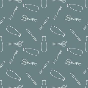 un sin costura modelo presentando botellas, tijeras, y tenedores en un apagado verde fondo vector