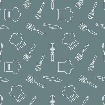 A seamless pattern of kitchen tools and chef hats, perfect for culinary or food-related designs. The repeating pattern features an array of essential culinary elements vector