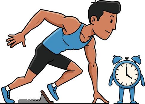 un dibujos animados hombre es corriendo en un rueda de andar siguiente a un reloj vector