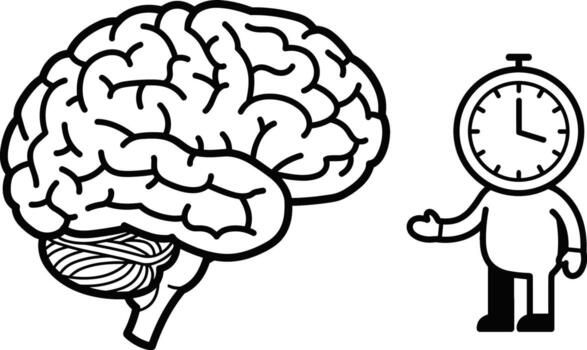 A cartoon man is standing next to a clock with a brain vector