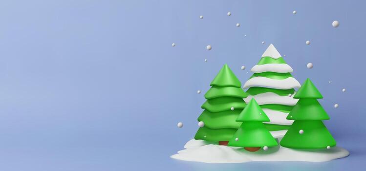 3D winter banner with green fir trees covered in snow, surrounded by falling snowflakes on a soft blue background. Minimalist festive composition with empty space, Christmas, New Year design projects. vector