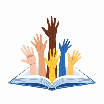 Diverse Hands Rising From Open Book Symbolizing Education and Inclusivity for All Learners vector