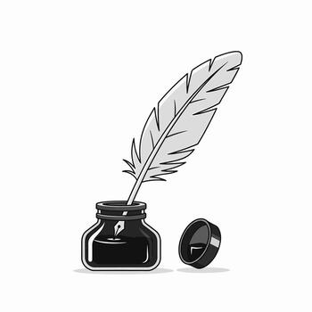 A feathered quill pen rests elegantly in a black inkwell with its cap open beside it symbolizing creativity and writing vector