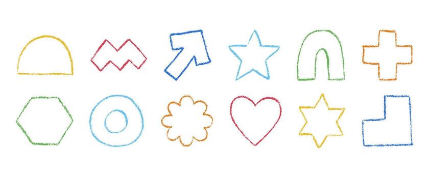 Simple outline geometric shapes drawn with crayon. Collection of abstract figures with grunge texture of wax pencil. Arrow, heart, flower, hexagon, cross and other. Hand drawn illustration vector