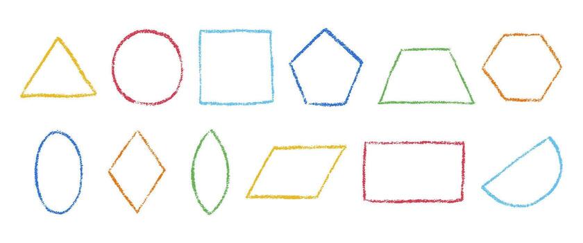 Hand drawn geometric shapes with crayon brush texture. Colored pencil outline figures. Circle, triangle, square, trapezoid, rhombus and other. illustration isolated on a white background. vector