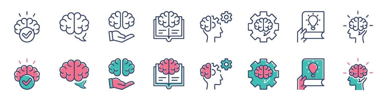 intelligence cognition brain thinking icon line set creative idea brainstorm smart genius mind signs line illustration for web and app vector