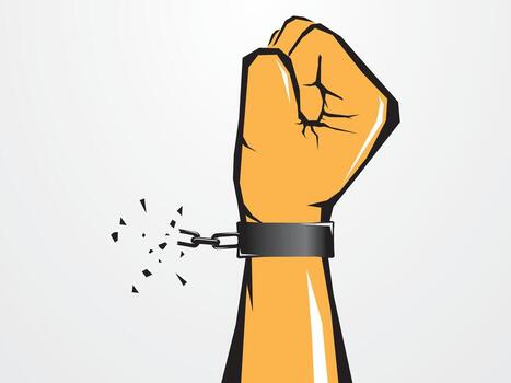 Illustration design of a fist in broken handcuffs on a freedom symbol background vector
