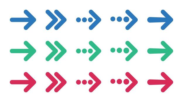 Rounded right arrows set. Blue, green and red colors. Next, enter, swipe, scroll button. Flat icon. Continue icon. vector